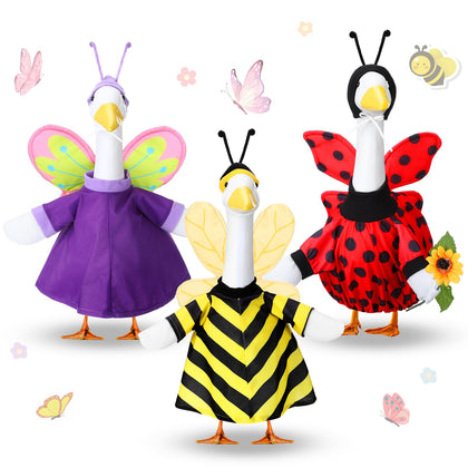 Geyoga bee-design goose outfit on a goose, adding garden charm and spring color