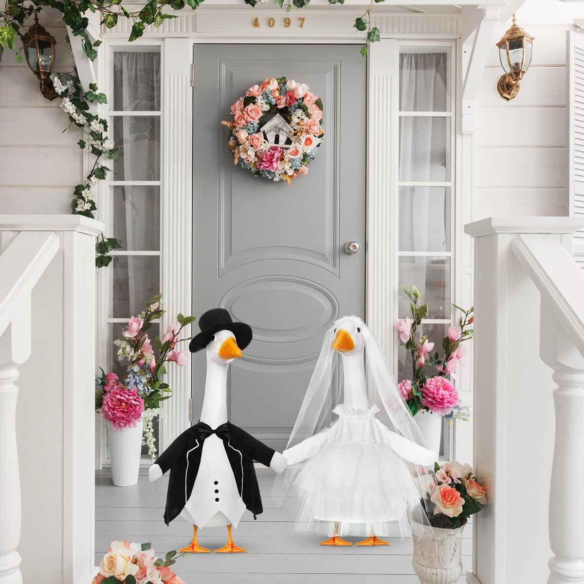 Geyoga wedding veil completes the bridal look on a lawn goose.