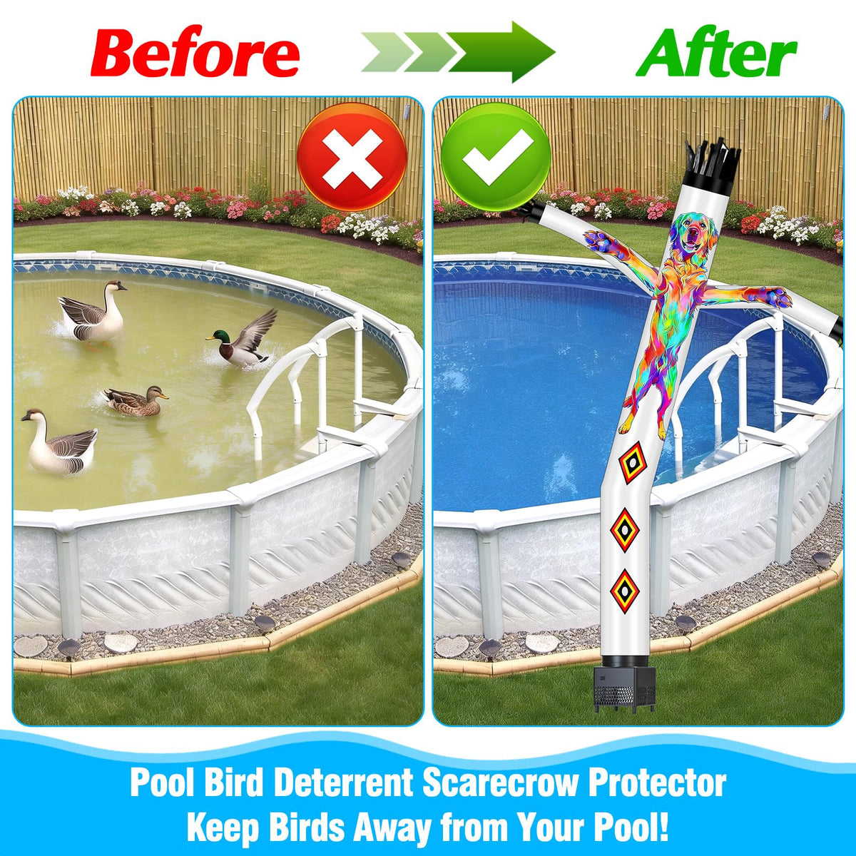 GFYYBKJ sound emitting deterrent scarecrow reduces bird visits around yard.