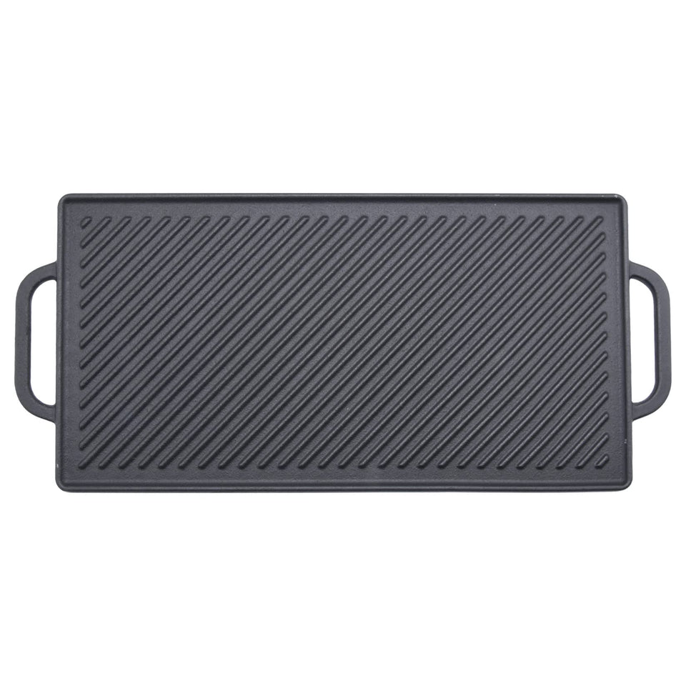 GGC cast iron reversible grill griddle, top view, sturdy design for even heat