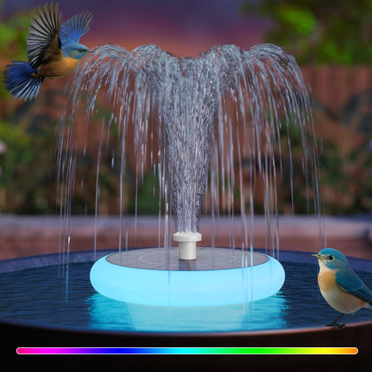 GGII solar fountain lights up a bird bath with LED lighting for evening viewing