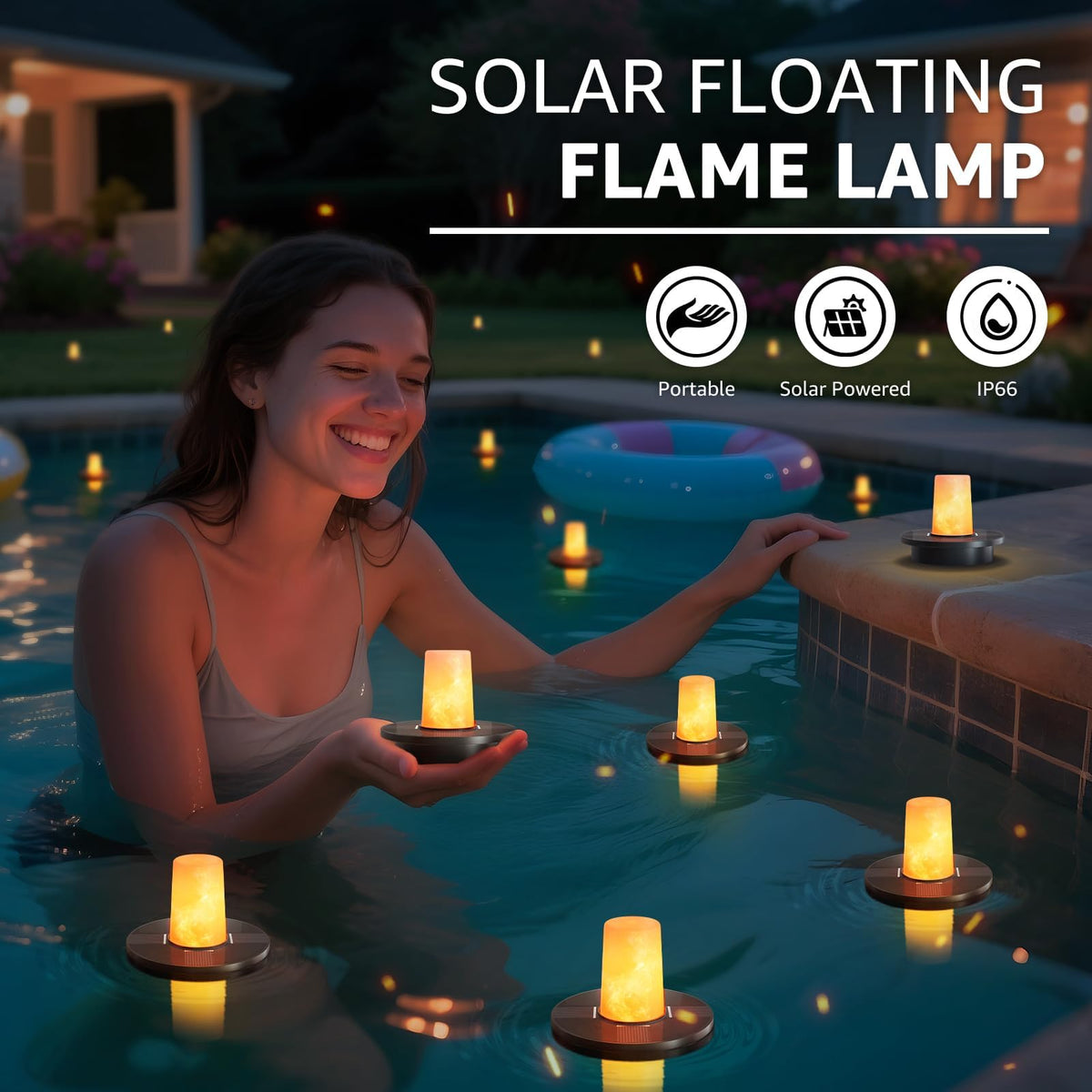GGNOO solar floating pool lights at dusk create inviting pool atmosphere