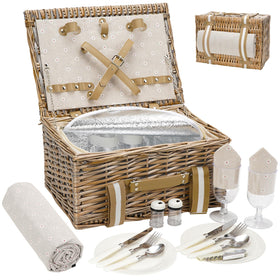 G GOOD GAIN picnic basket exterior with double straps and cherry print, stylish for two.