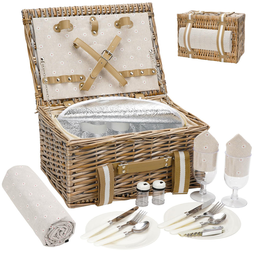G GOOD GAIN picnic basket exterior with double straps and cherry print, stylish for two.