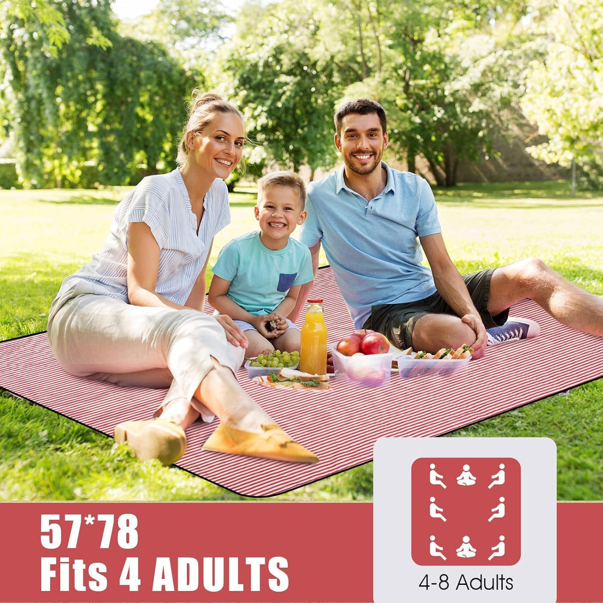 G GOOD GAIN foldable picnic blanket with carry strap for easy transport.