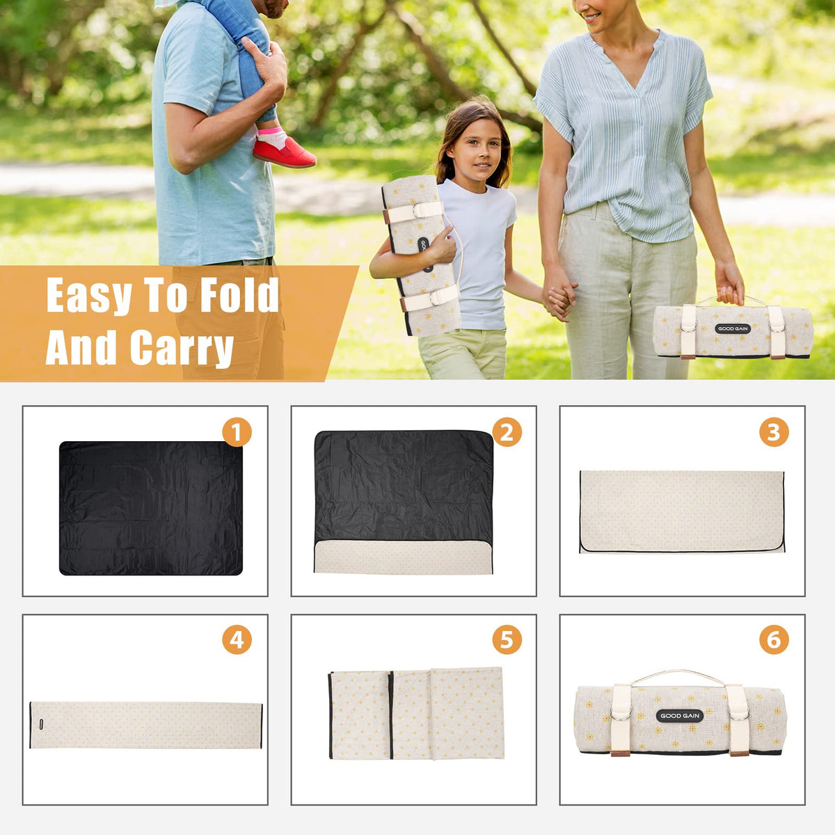 G GOOD GAIN machine-washable blanket for quick cleanup after outdoor use.