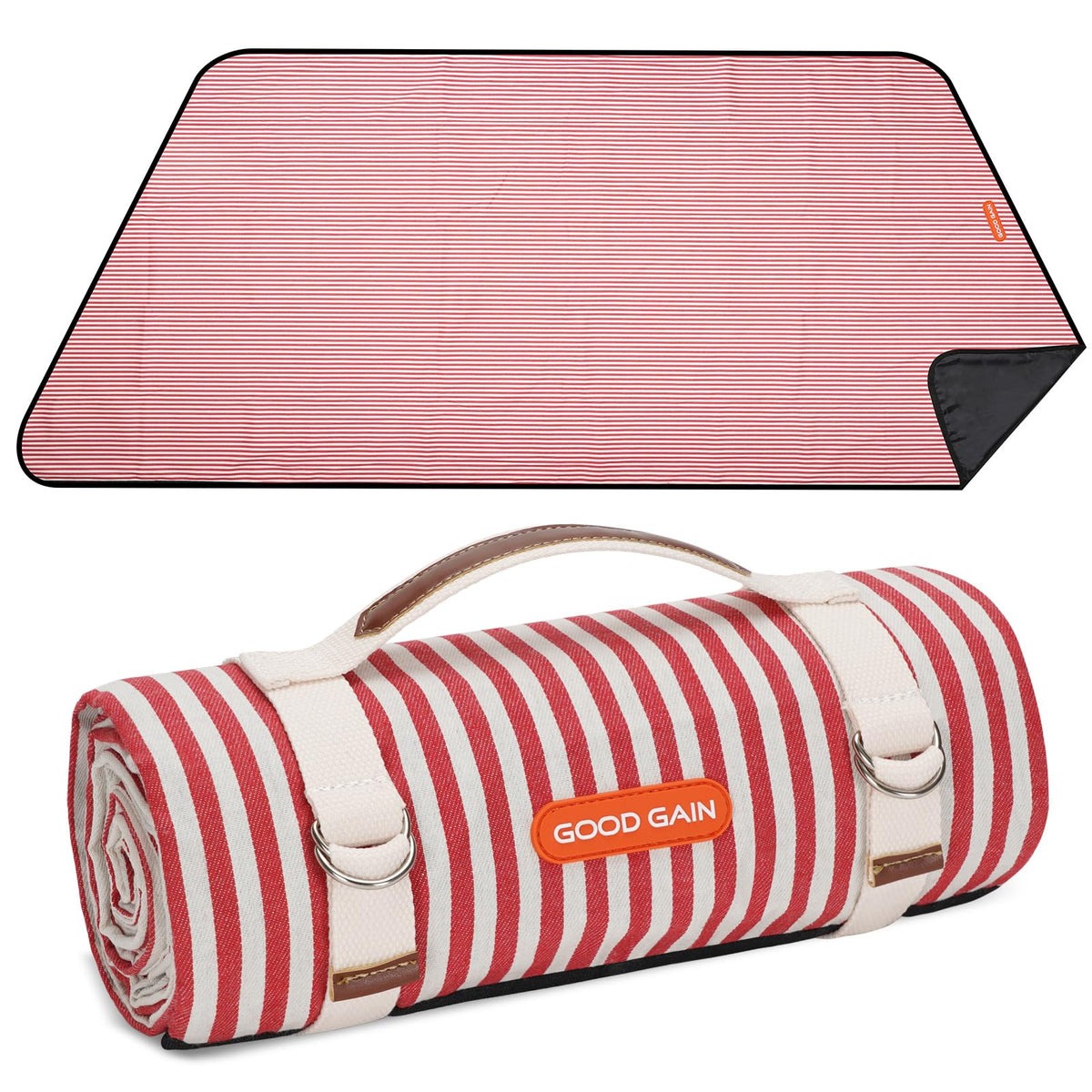 G GOOD GAIN picnic blanket with waterproof backing for dry seating on grass.