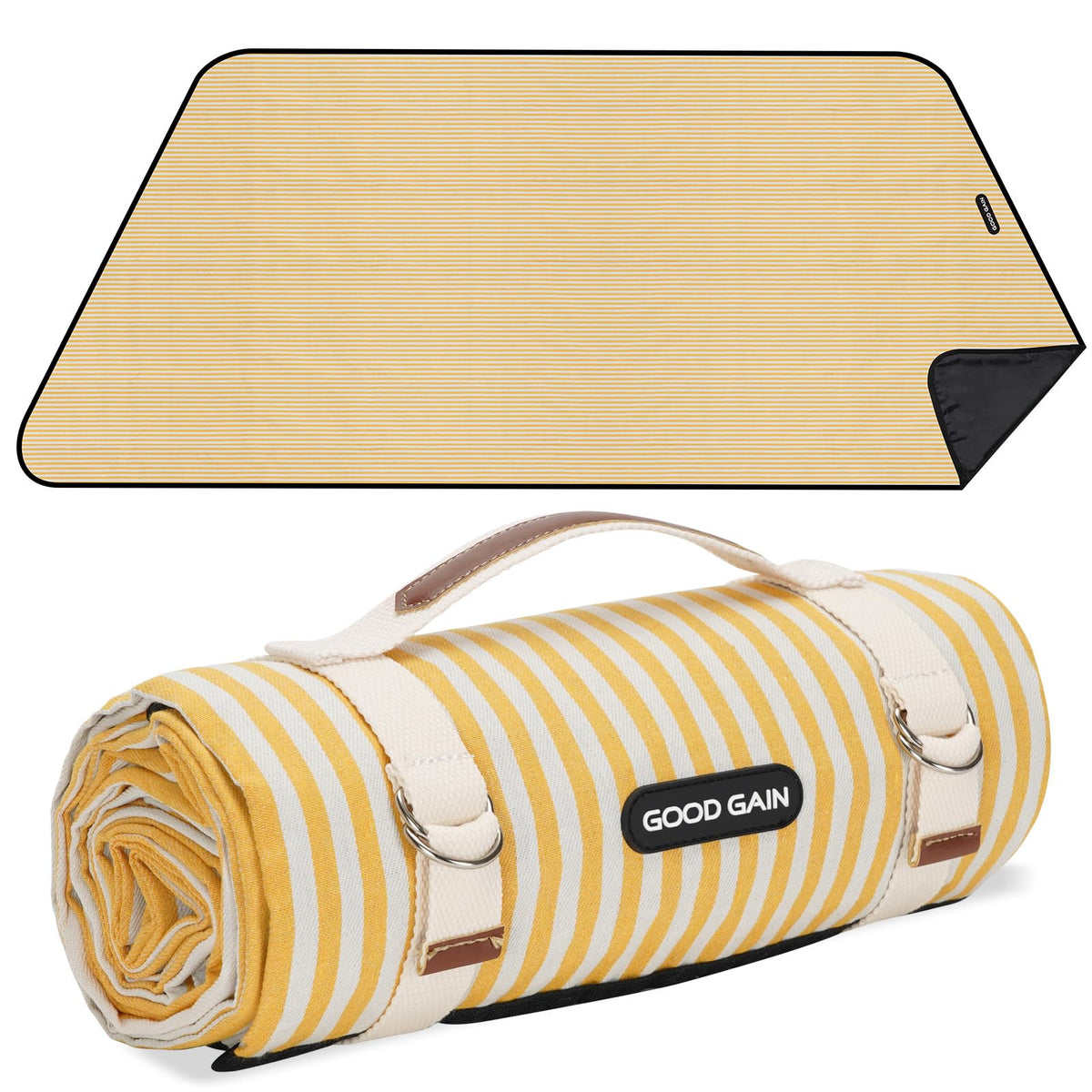 G GOOD GAIN picnic blanket shows waterproof backing for damp grass.