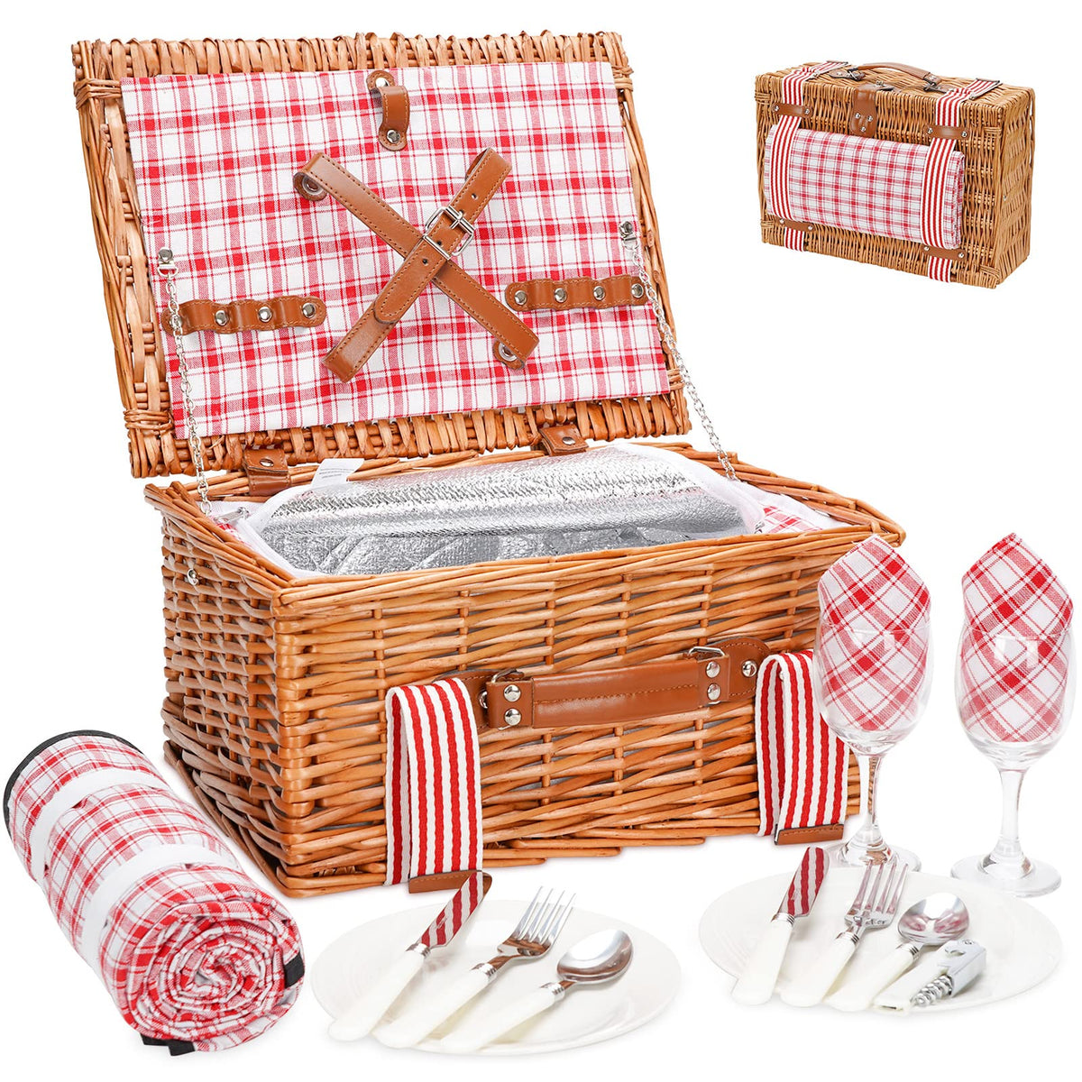 G GOOD GAIN wicker picnic basket for 2 with cutlery and plates, ideal for romantic picnics.