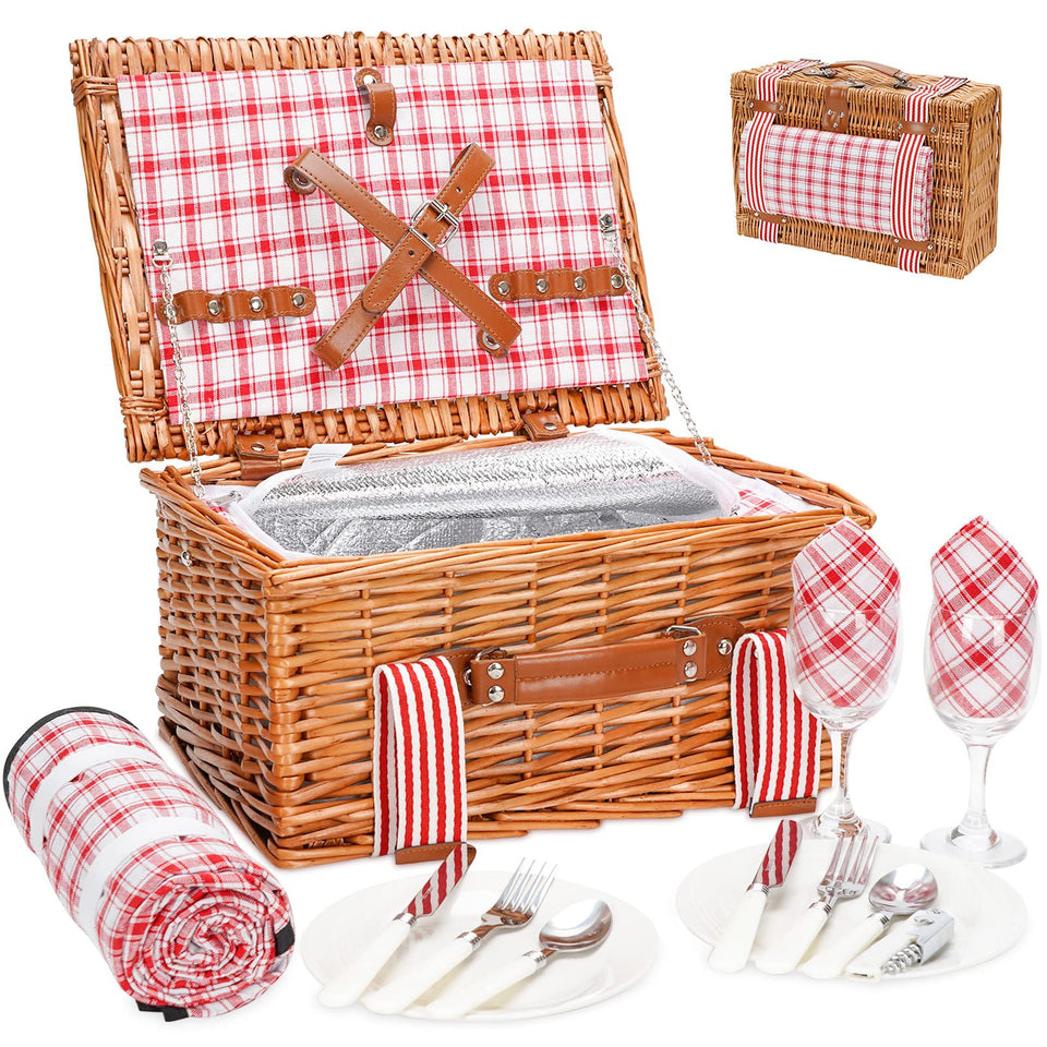 G GOOD GAIN wicker picnic basket for 2 with cutlery and plates, ideal for romantic picnics.