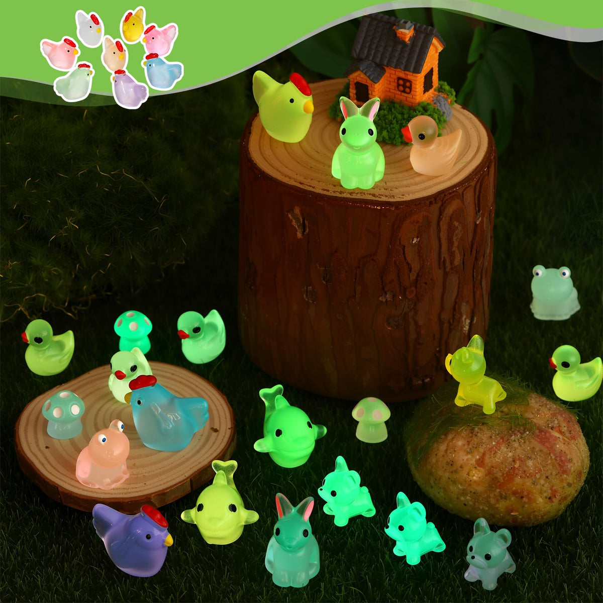 GGSTDDUP luminous mini chickens for dioramas and planters with glow.