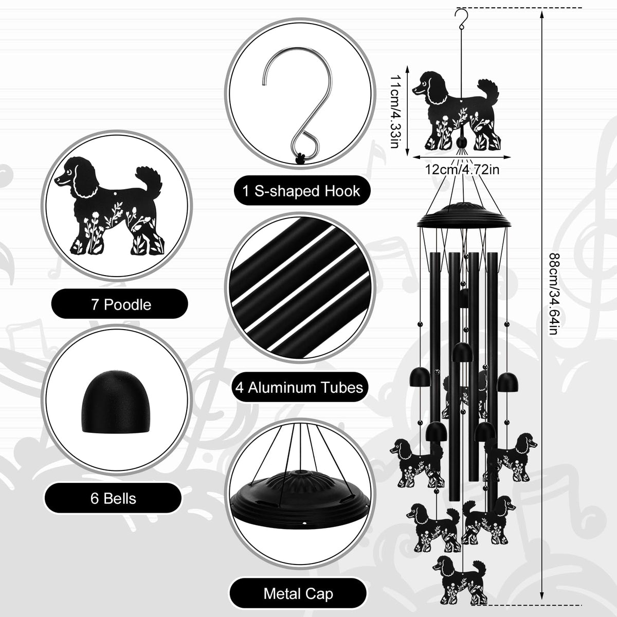 GGSTDDUP poodle wind chimes close-up of aluminum tubes for durable sound.