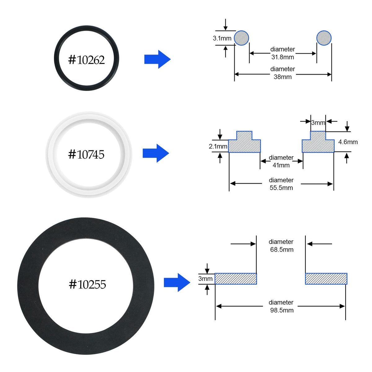 GGTE valve washers kit with 10745, 10255, 10262 for complete sealing
