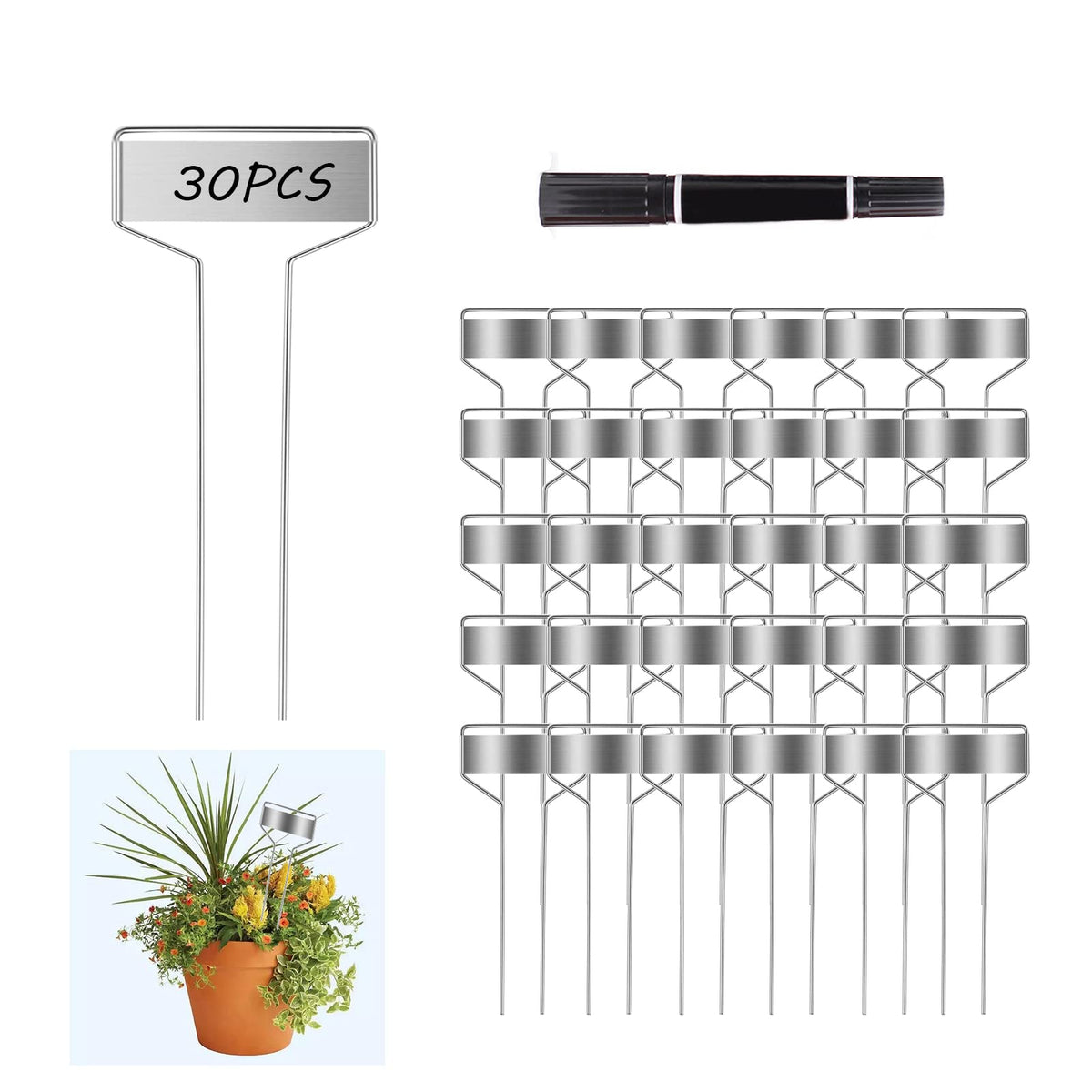 GHAMYEE plant labels 30pcs in silver for outdoor garden labeling.
