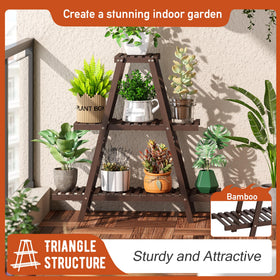 GHWIE bamboo plant rack for indoor-outdoor use with sturdy triangle stability.