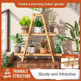GHWIE bamboo plant shelf highlights stable triangle construction for indoor and outdoor use.