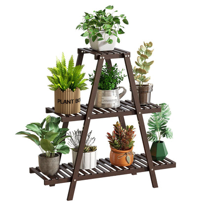GHWIE 3-tier bamboo plant stand for versatile indoor display of pots.