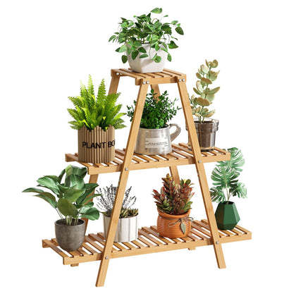 GHWIE three-tier bamboo plant stand displaying plants on a sturdy ladder-style shelf.