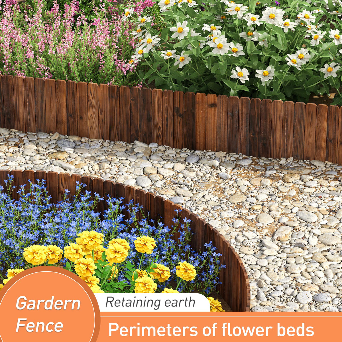 GHWIE wooden garden edging border highlights a flower-bed-border with natural wood grain.