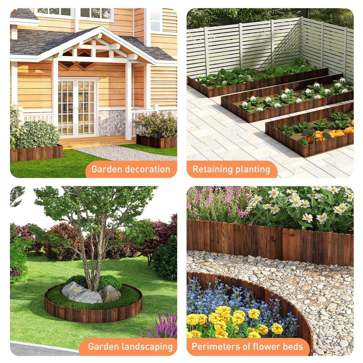 GHWIE wooden garden edging border showcases wood-grain detail for decorative landscape accents.