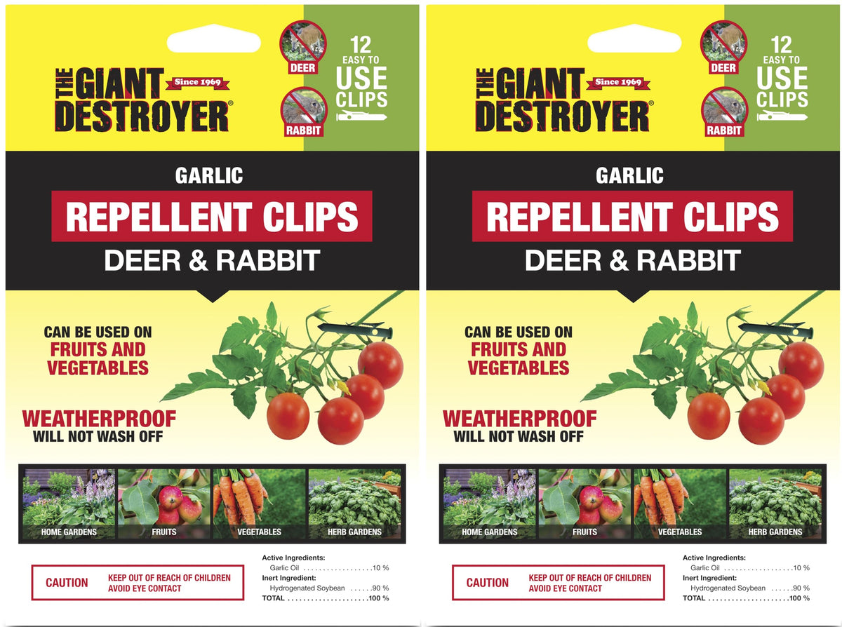 The Giant Destroyer Garlic Repellent Clips protect garden plants from deer and rabbits.