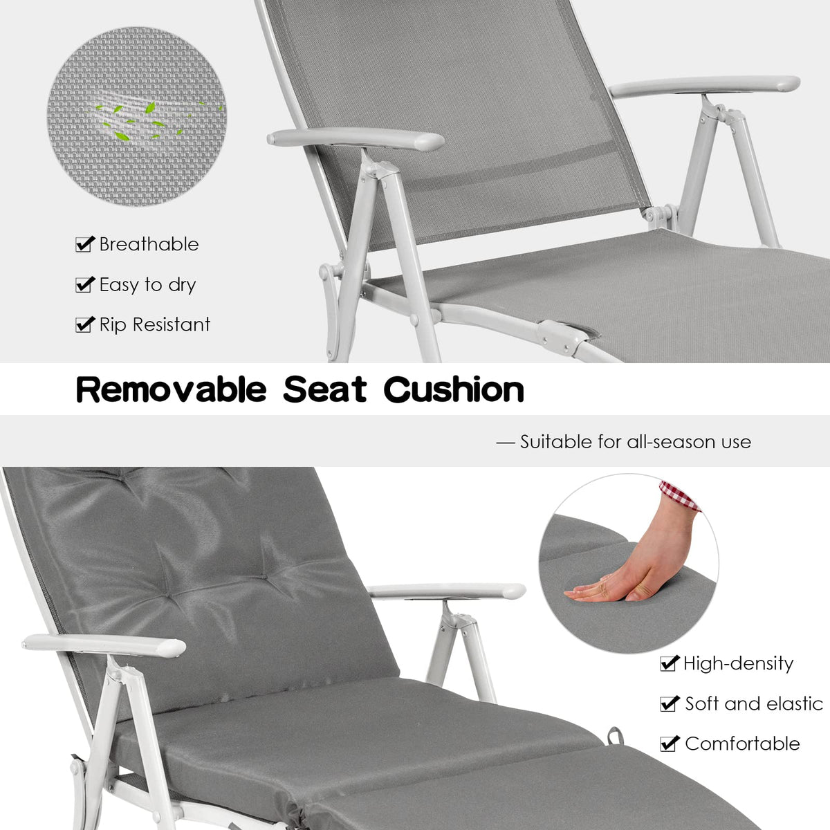 Giantex chaise lounge features removable cushion and headrest for easy cleaning.