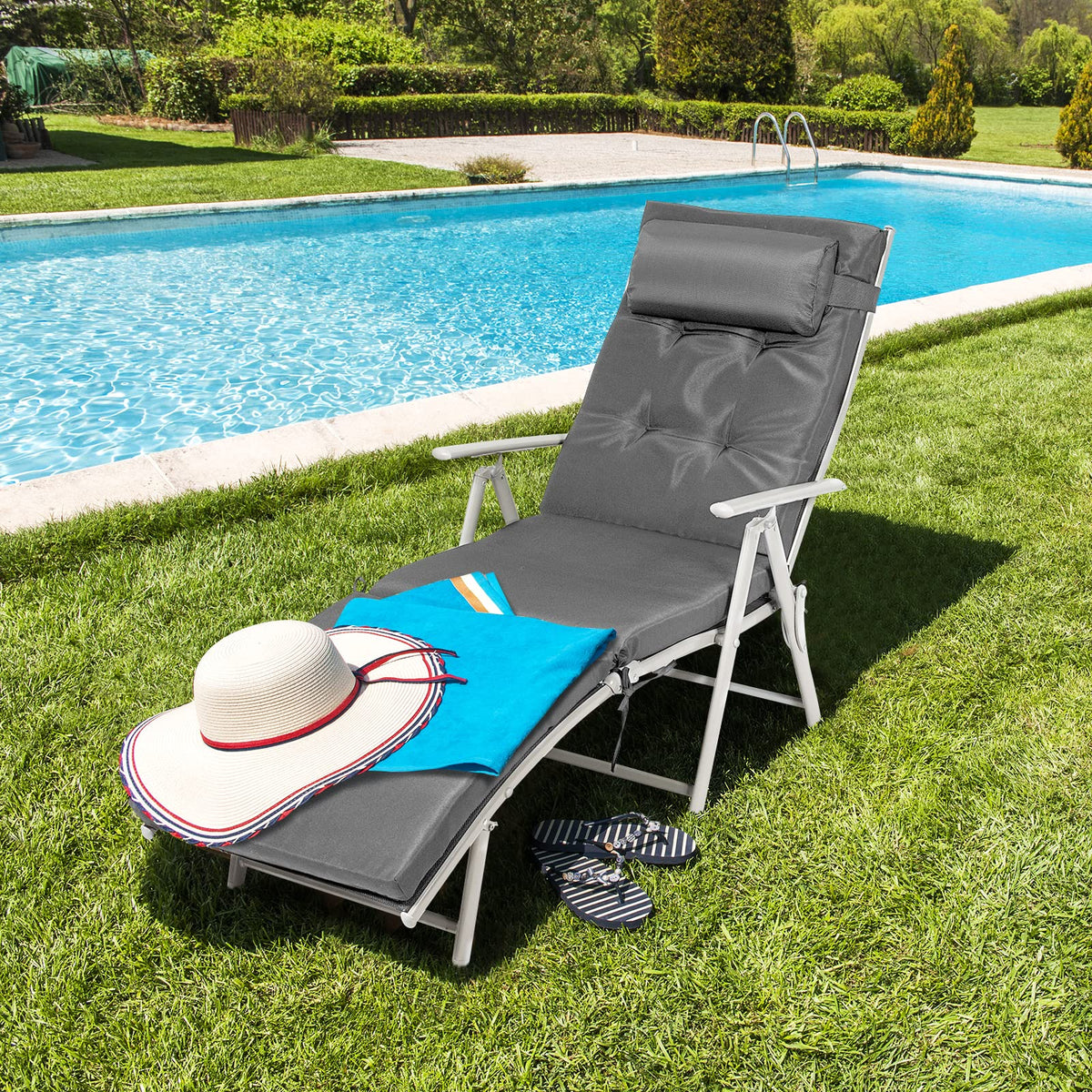 Giantex chaise lounge shows spacious seat and supportive headrest for lounging.