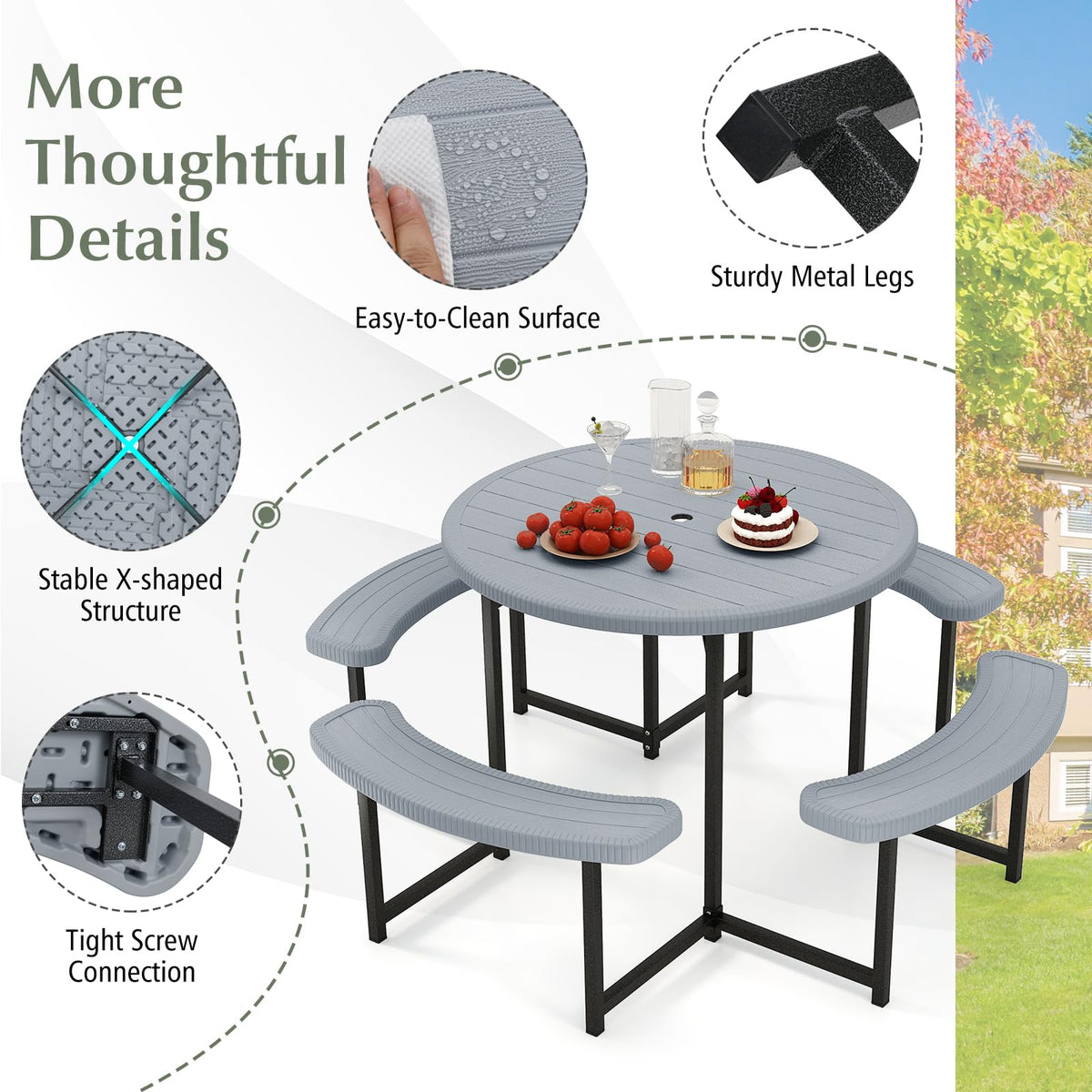 Giantex 62 by 29 inch round table with 37 inch benches.