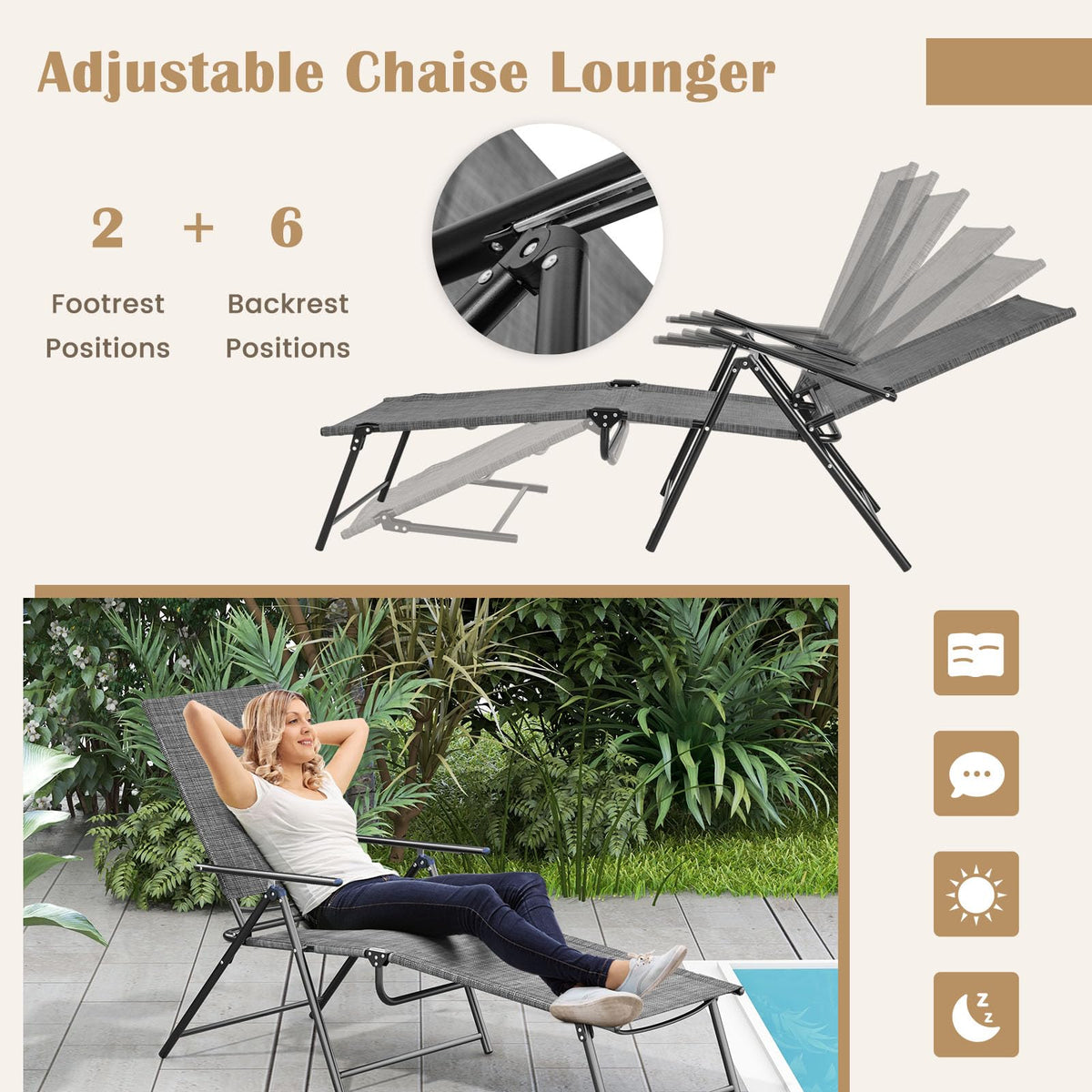 Giantex lounge chair outdoor six-position backrest grey — customizable comfort while reading.