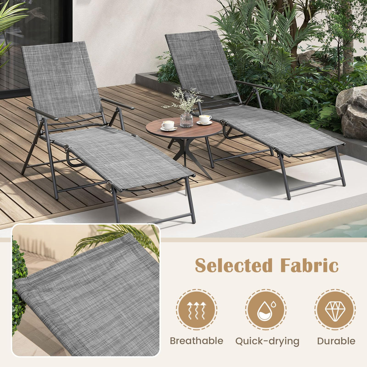 Giantex lounge chair outdoor breathable fabric grey — quick-drying for poolside comfort.