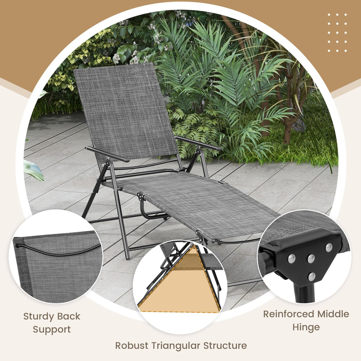Giantex lounge chair outdoor heavy-duty metal frame grey — sturdy support for lasting use.