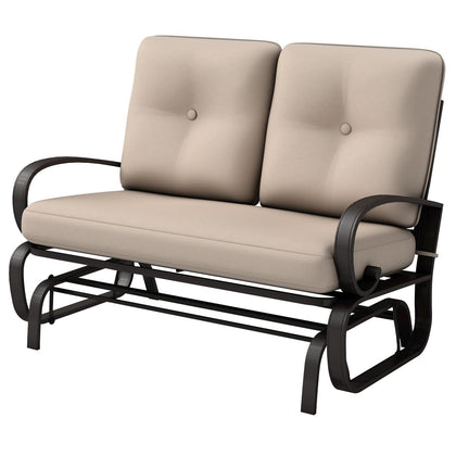 Giantex outdoor glider bench for two in beige, ideal for relaxing on the deck.