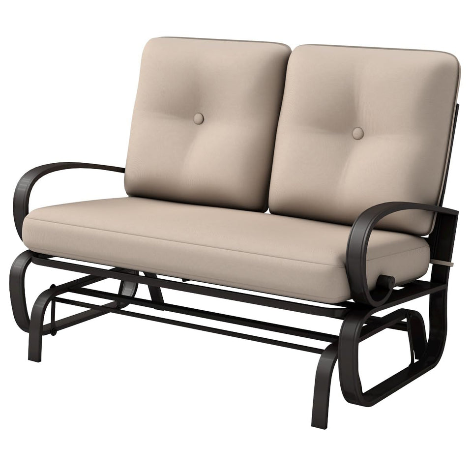 Giantex outdoor glider bench for two in beige, ideal for relaxing on the deck.