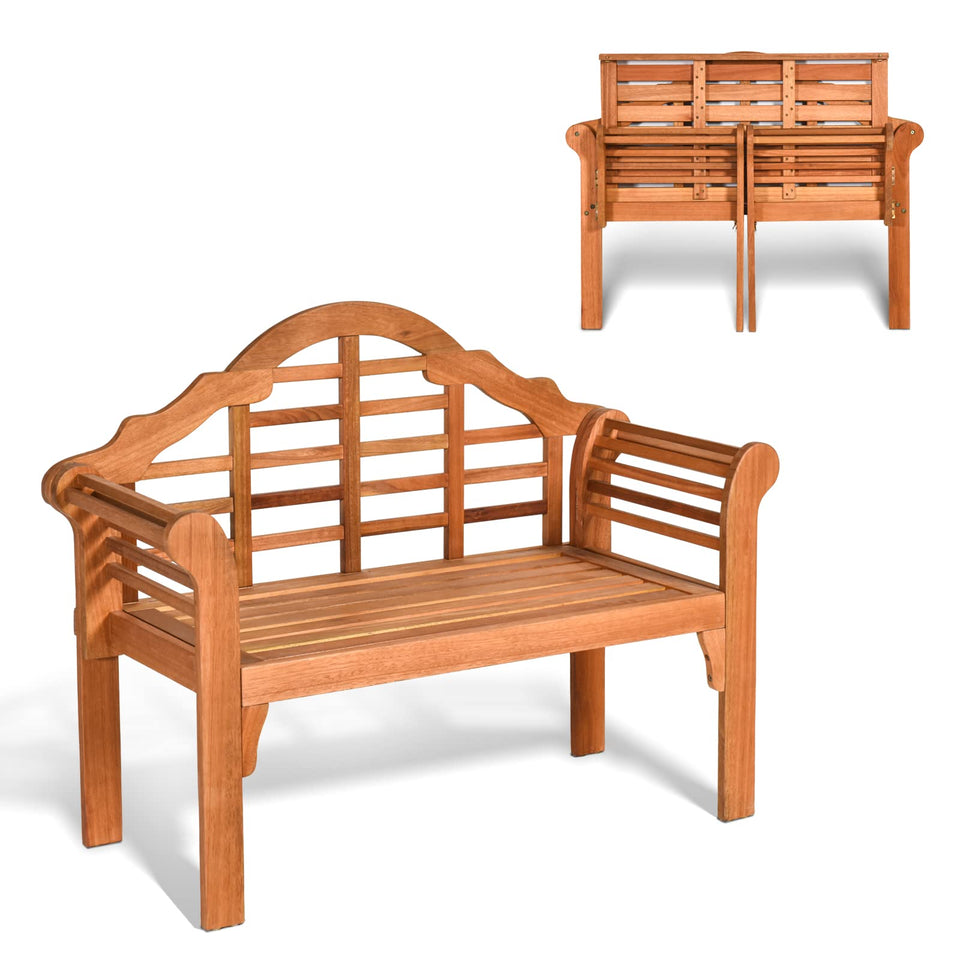 Giantex outdoor wood bench folded for compact storage in a garden corner.