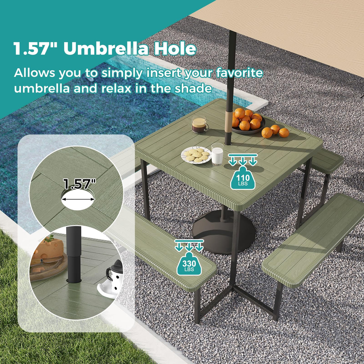 Giantex heavy-duty metal frame supporting the 63-inch table and benches