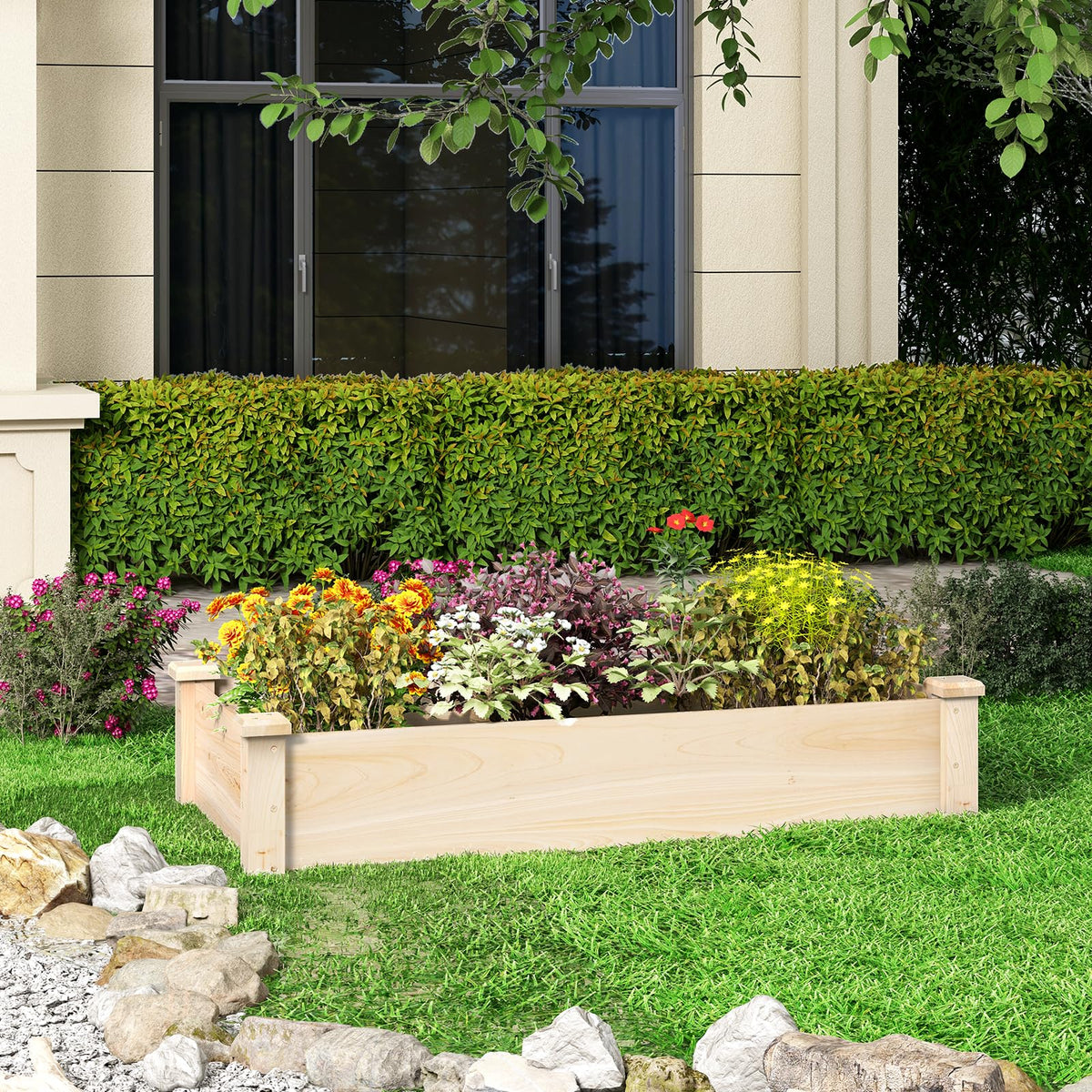 Giantex wooden raised garden bed side view highlighting sturdy frame.