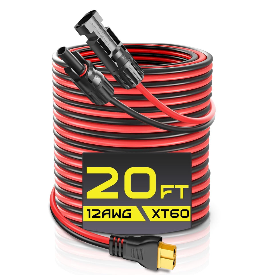 Gibbab XT60 solar cable 20ft with dual-end design for flexible off-grid charging.