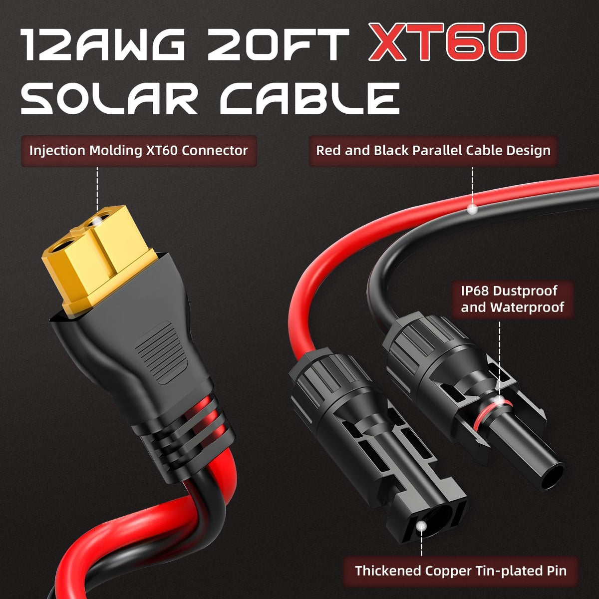 Gibbab XT60 Y-end plug connects solar panels and charge devices securely.