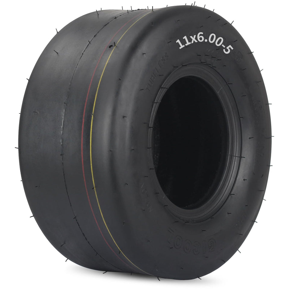 GICOOL 11x6-00-5 tubeless tire for riding mowers with a smooth tread.
