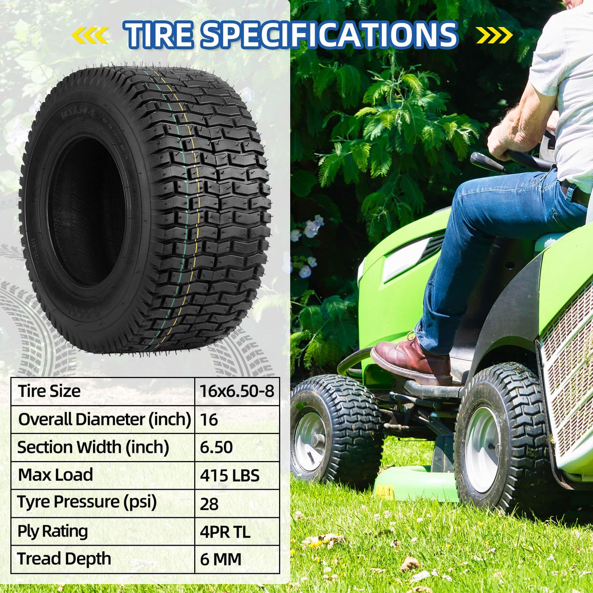 GICOOL 16x6.50-8 tire diameter 16 inches for rugged ride.