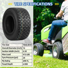 GICOOL 16x6.50-8 tire diameter 16 inches for rugged ride.