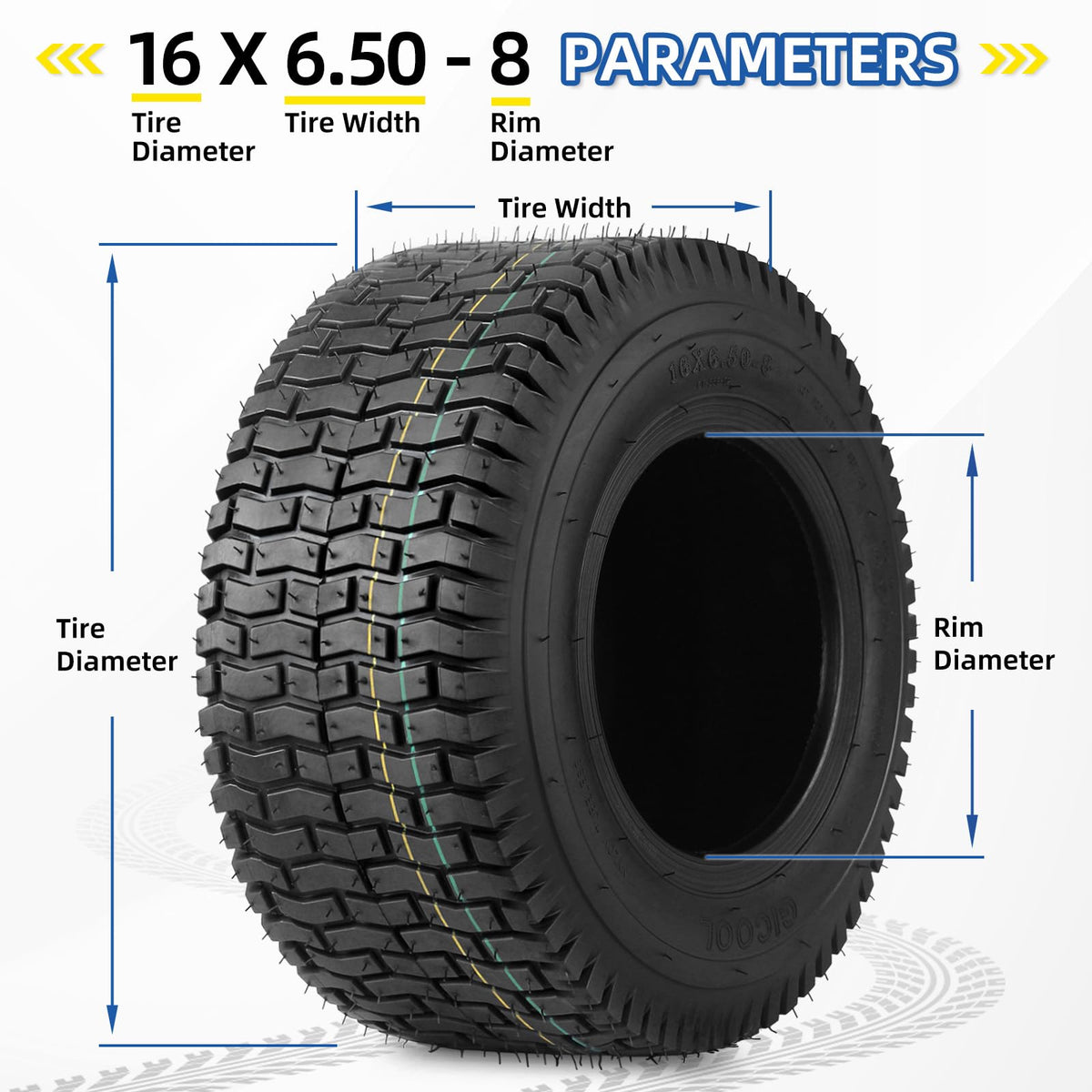 GICOOL 16x6.50-8 wide shoulders distribute weight for traction.