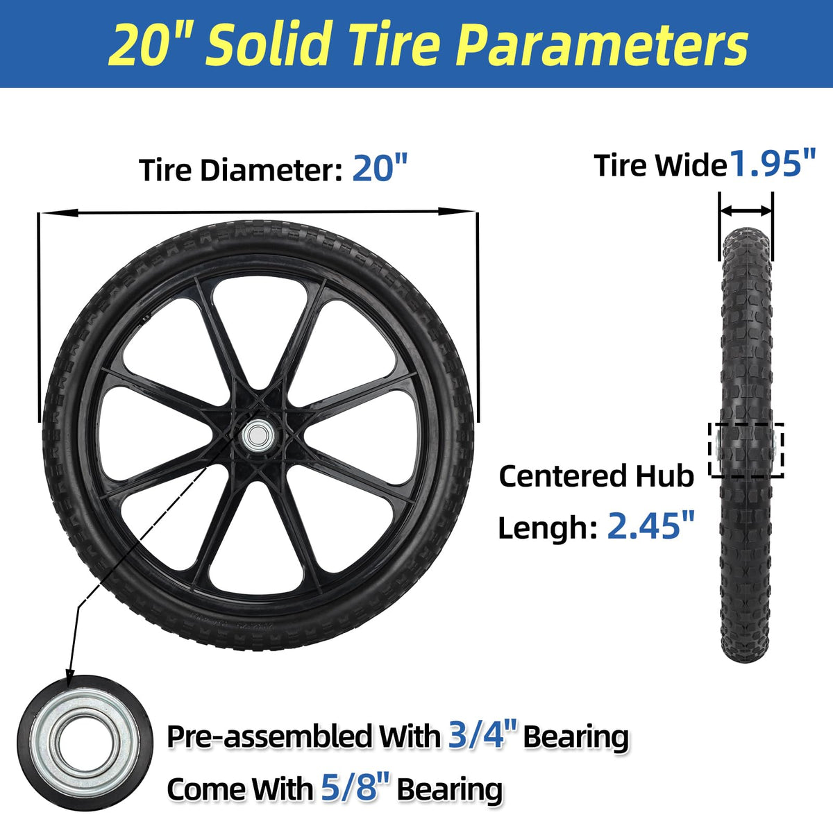 GICOOL 20in flat-free tire wheel hub detail shows centered hub compatibility.