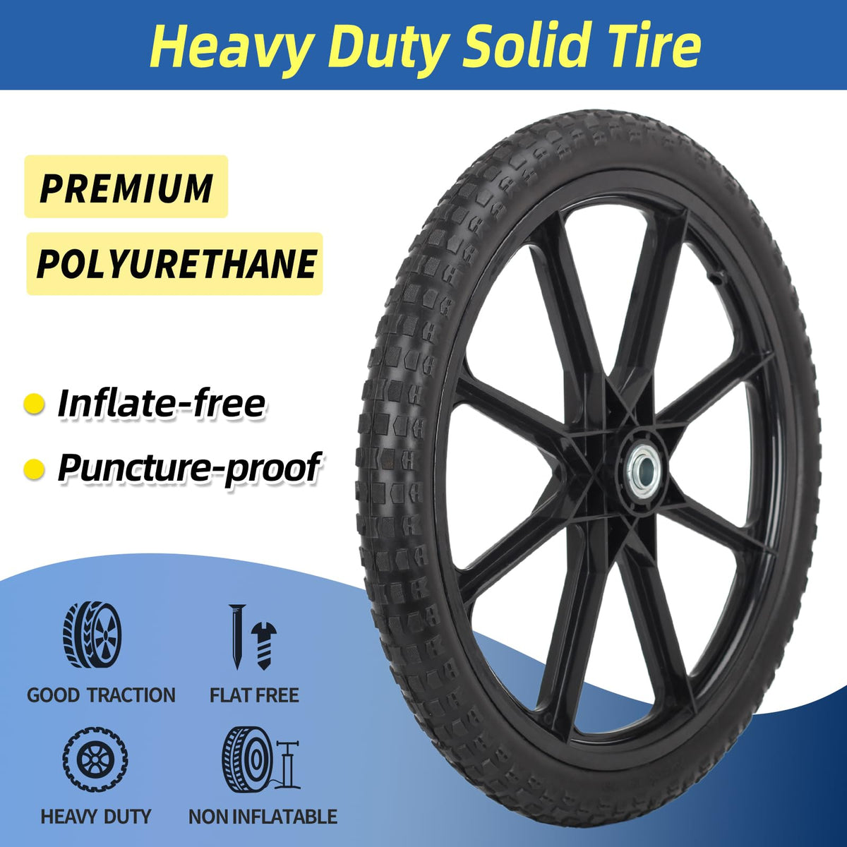 GICOOL 20in flat-free tire wheel mounted on a wheelbarrow for stable use.