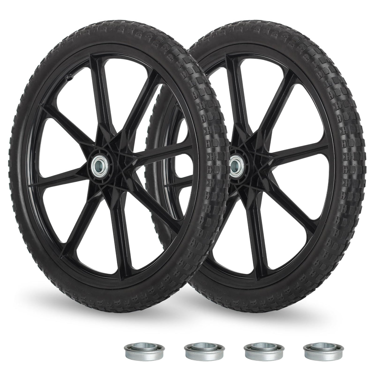 GICOOL 20in flat-free tire wheel side view, ideal replacement for Rubbermaid wheelbarrow.
