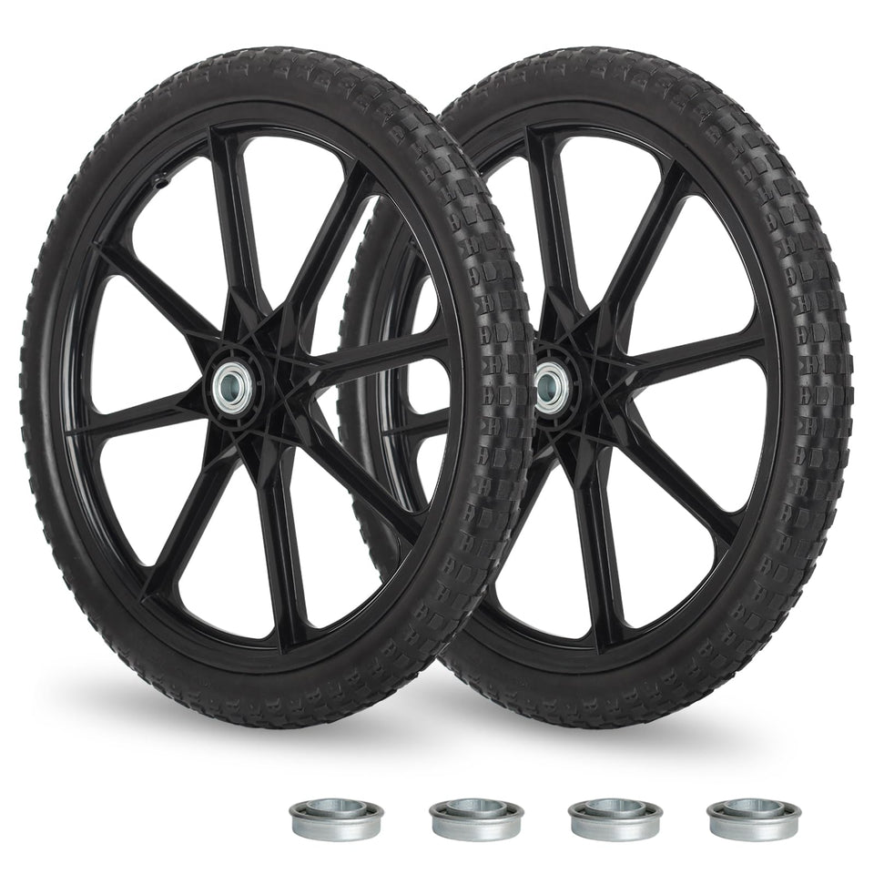 GICOOL 20in flat-free tire wheel side view, ideal replacement for Rubbermaid wheelbarrow.