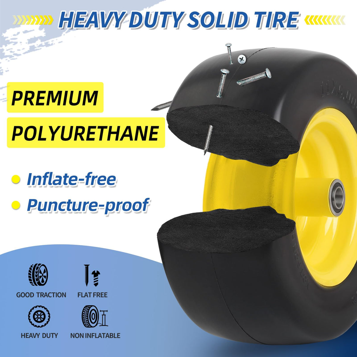 GICOOL solid PU foam tire tread minimizes turf damage.