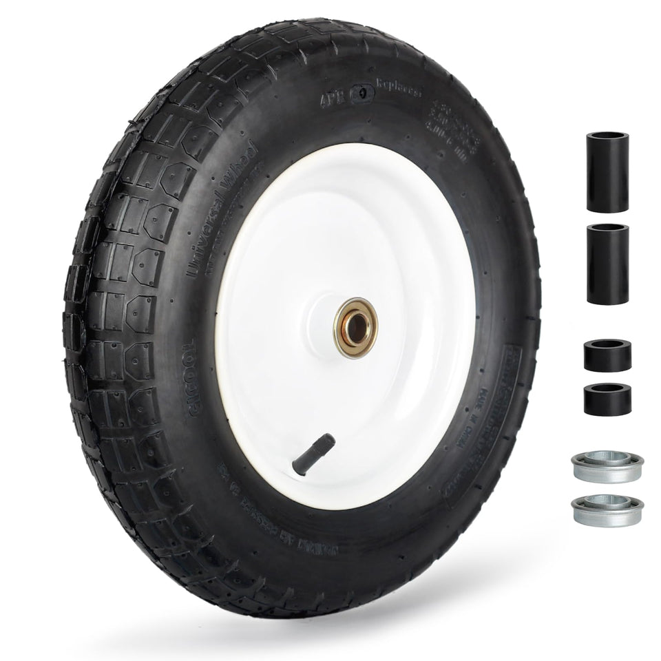GICOOL 14-inch pneumatic wheelbarrow tire delivers strong traction on rough terrain.