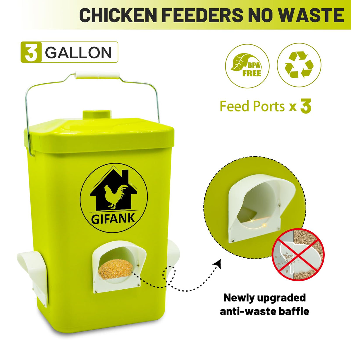 GIFANK 22-pound automatic feeder, top view, reduces waste and keeps feed dry.
