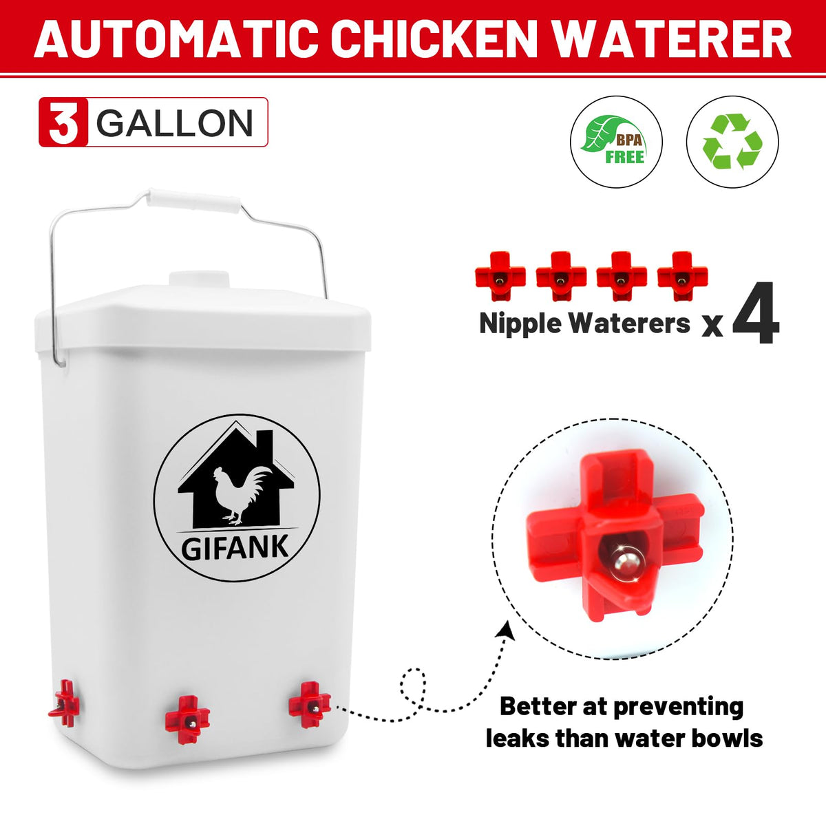 GIFANK 3-gallon waterer with four nipples, close-up shows reliable water delivery.
